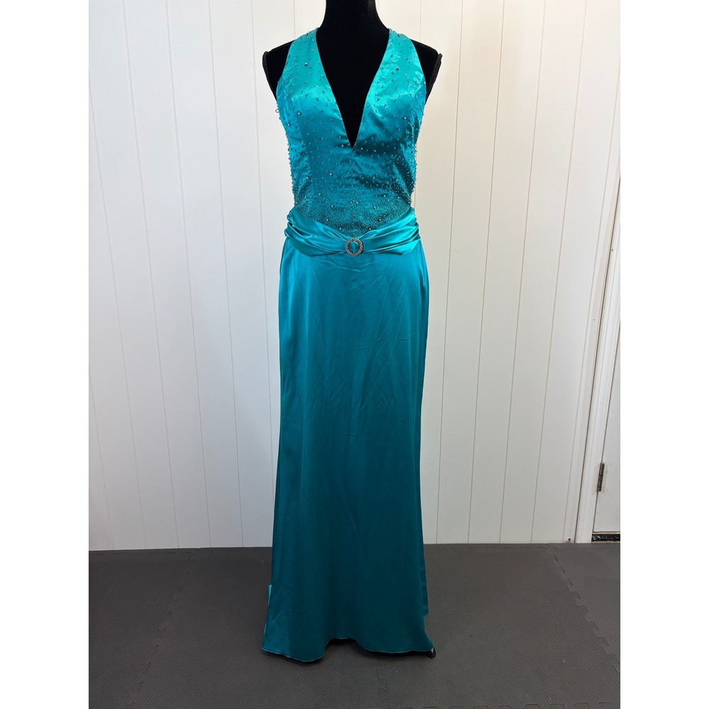 Vintage Cinderella Y2K Formal Beaded Halter Gown Women Size 10 Hoco Gala Prom